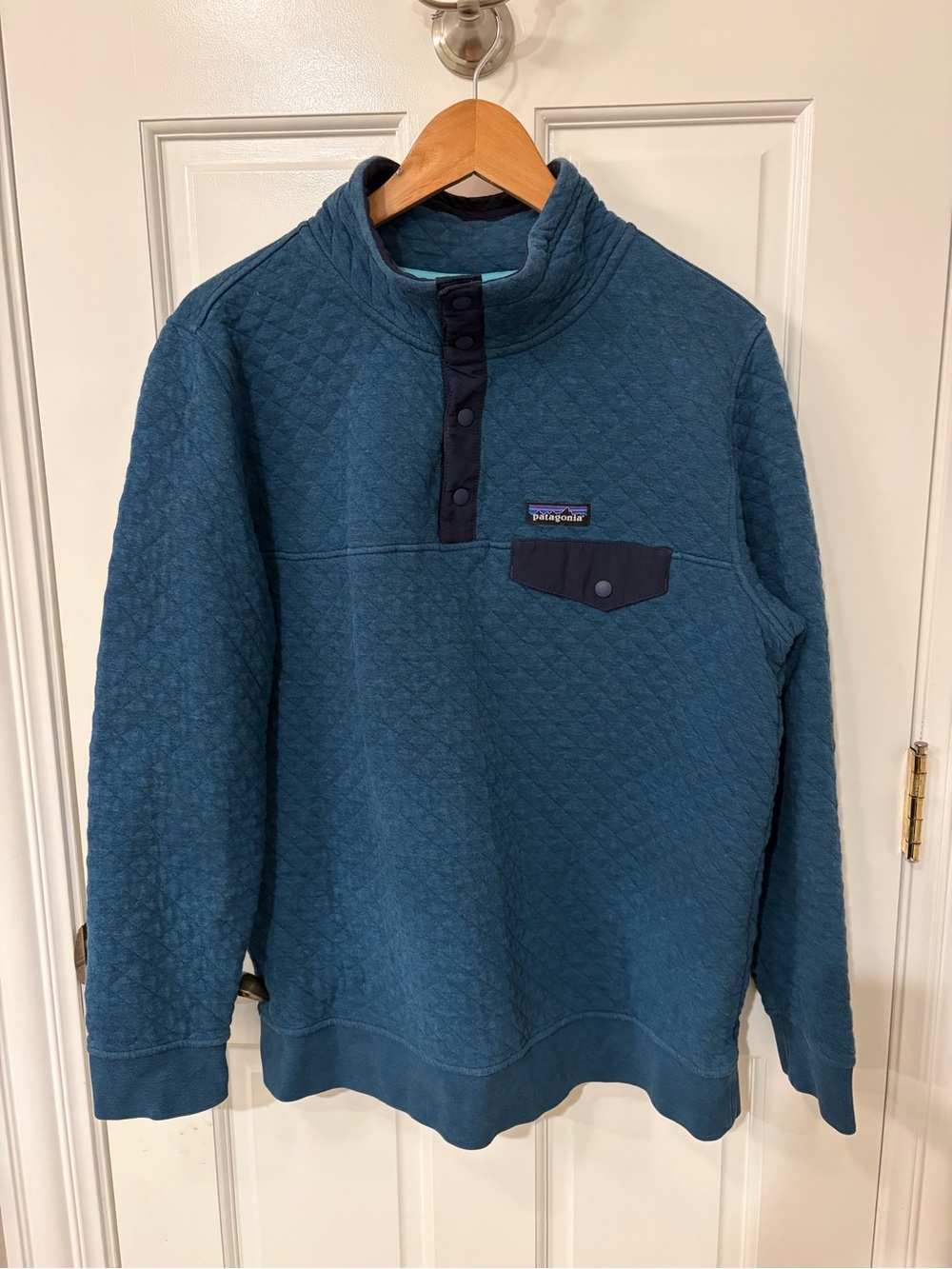Patagonia Women’s Teal Quilted Snap-Up Pullover Sweater Organic Cotton